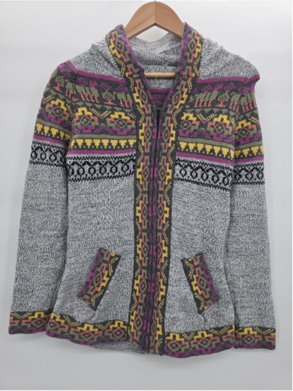 Peruvian Style Alpaca Hooded Sweater Llama Fair Isle Zip Cardigan Purple Artsy